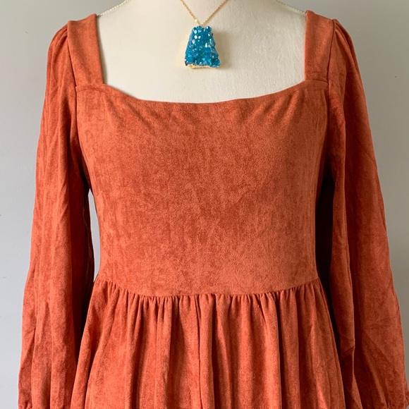 *Host Pick!๐ Brown Boho Suede Square Neck Mini Swing Dress with Square Neckline - Picture 15 of 15
